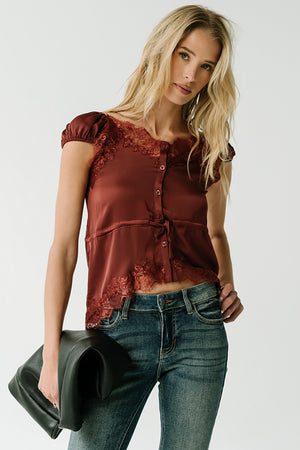 Lana Lace Trim Satin Top in Burgundy