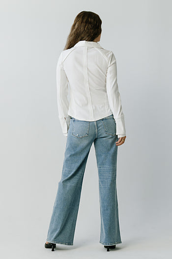 Alisa Mixed Media Button Up in White