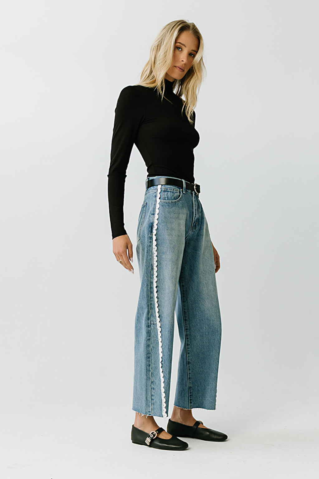 Adeline High Rise Lace Trim Barrel Jeans