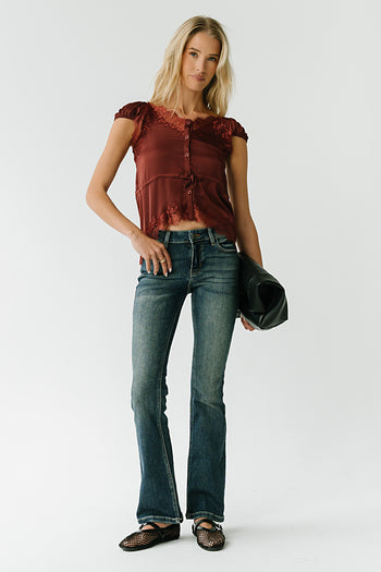 Lana Lace Trim Satin Top in Burgundy