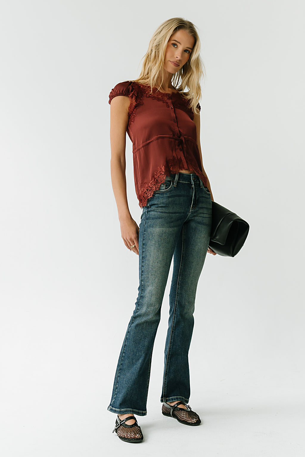 Lana Lace Trim Satin Top in Burgundy