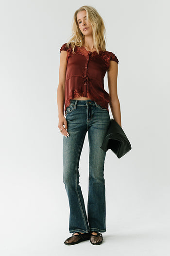 Lana Lace Trim Satin Top in Burgundy