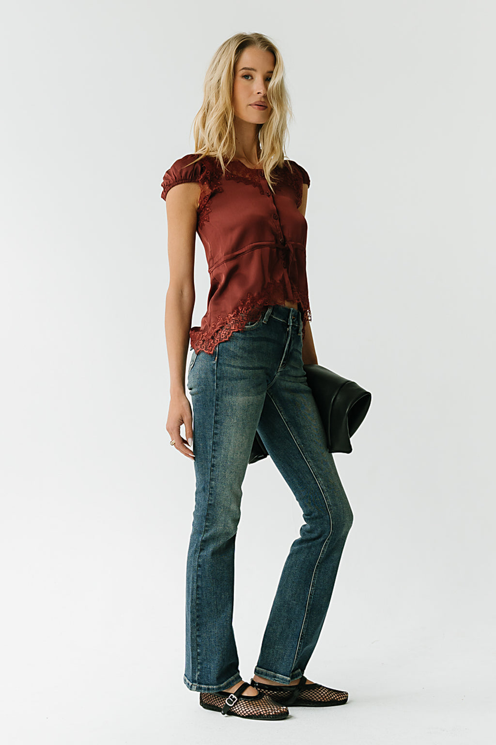 Lana Lace Trim Satin Top in Burgundy