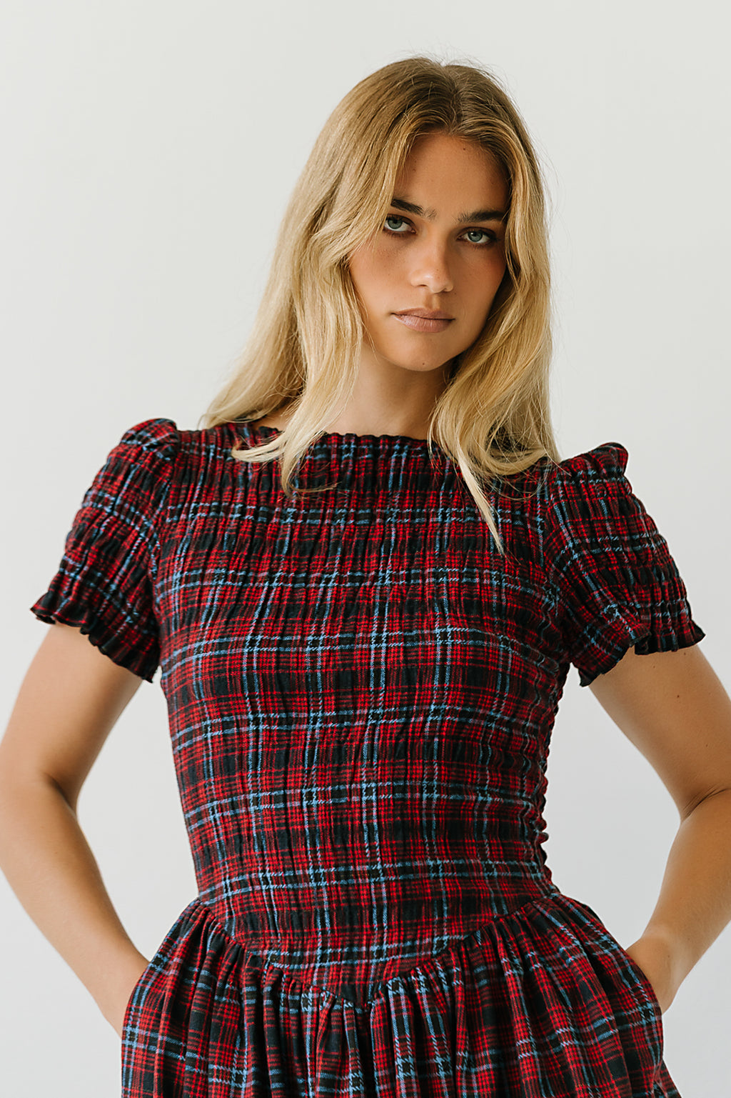 Brynn Plaid Midi Dress in Navy
