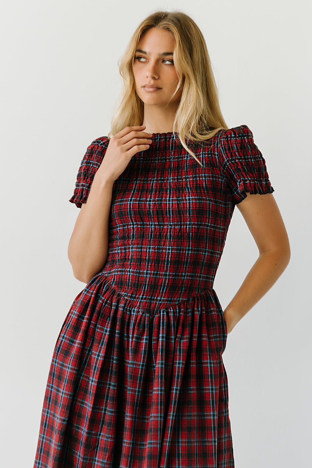 Brynn Plaid Midi Dress in Navy