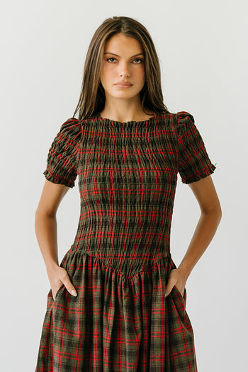 Brynn Plaid Midi Dress in Brown