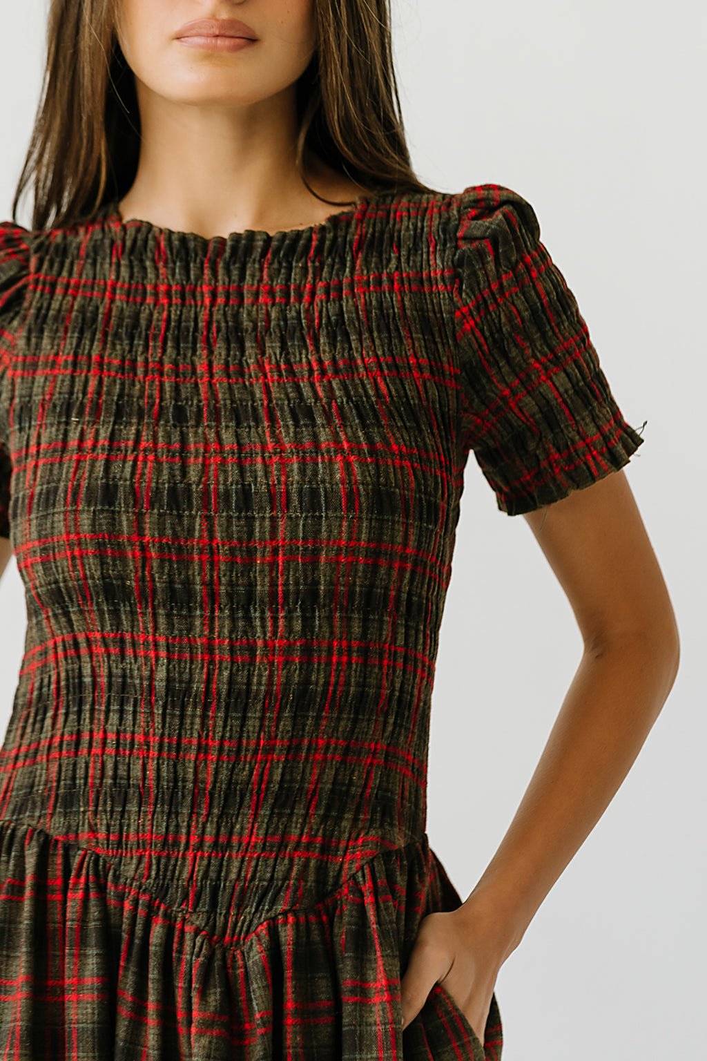 Brynn Plaid Midi Dress in Brown