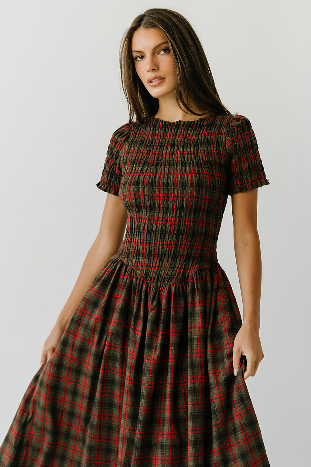 Brynn Plaid Midi Dress in Brown