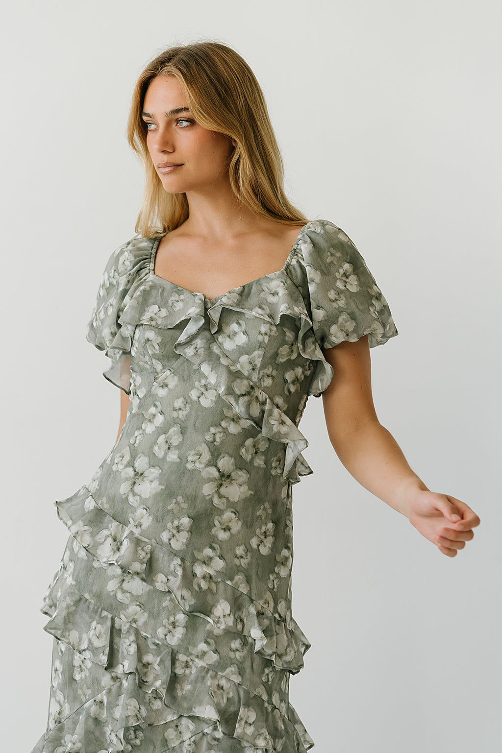 Oakley Ruffle Floral Maxi Dress in Sage
