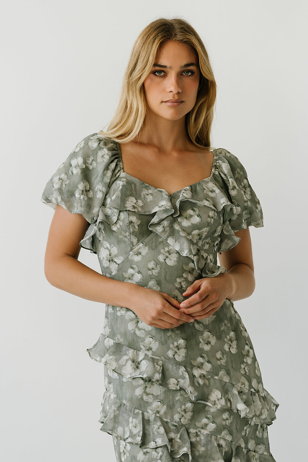 Oakley Ruffle Floral Maxi Dress in Sage