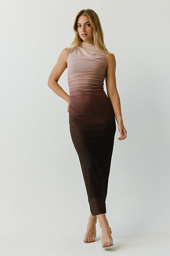 Rebecca Mesh Maxi Dress in Brown