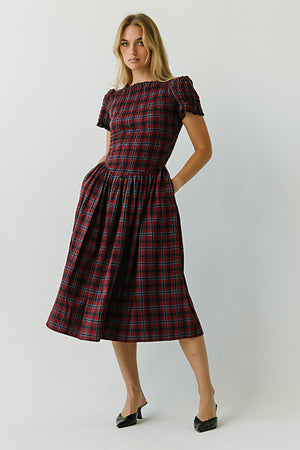 Brynn Plaid Midi Dress in Navy