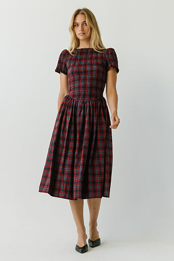 Brynn Plaid Midi Dress in Navy