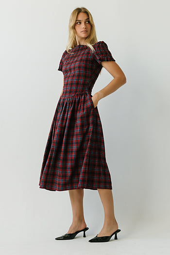 Brynn Plaid Midi Dress in Navy