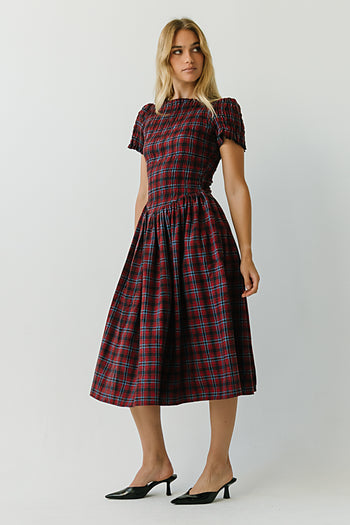 Brynn Plaid Midi Dress in Navy