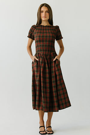 Brynn Plaid Midi Dress in Brown