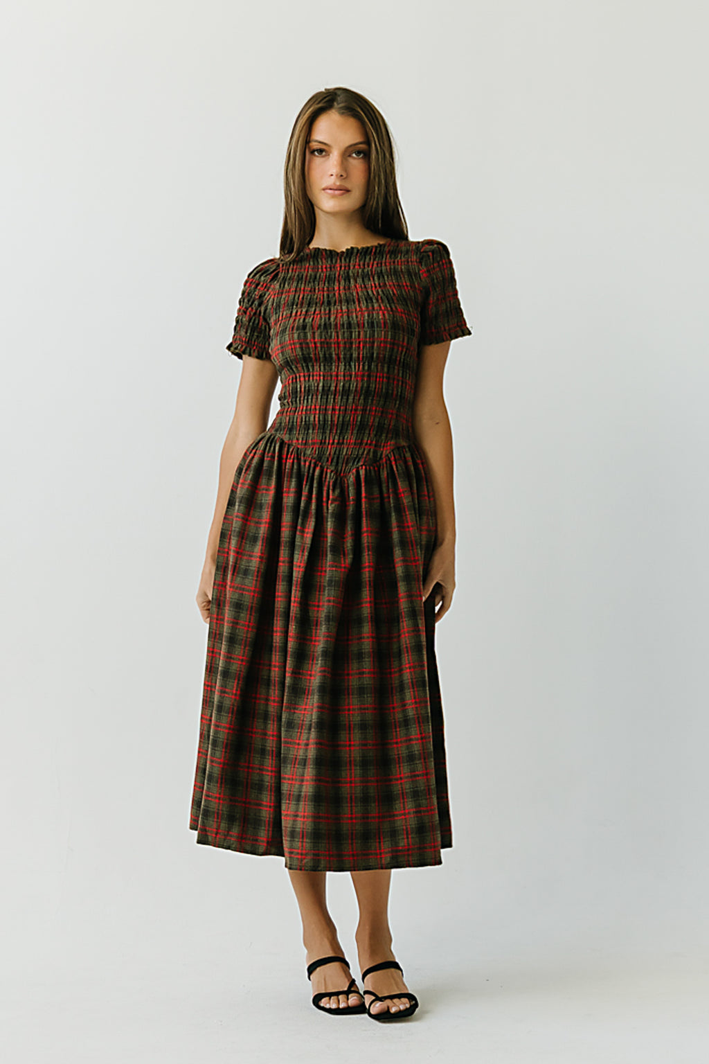 Brynn Plaid Midi Dress in Brown