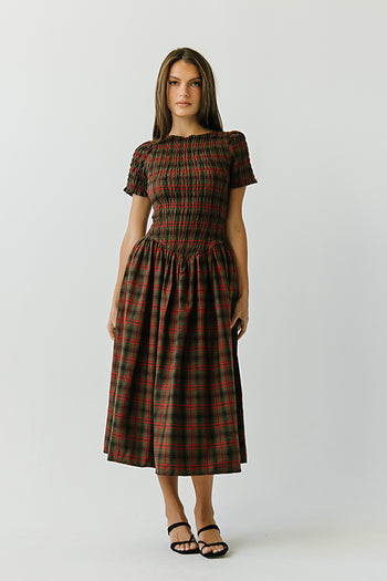 Brynn Plaid Midi Dress in Brown