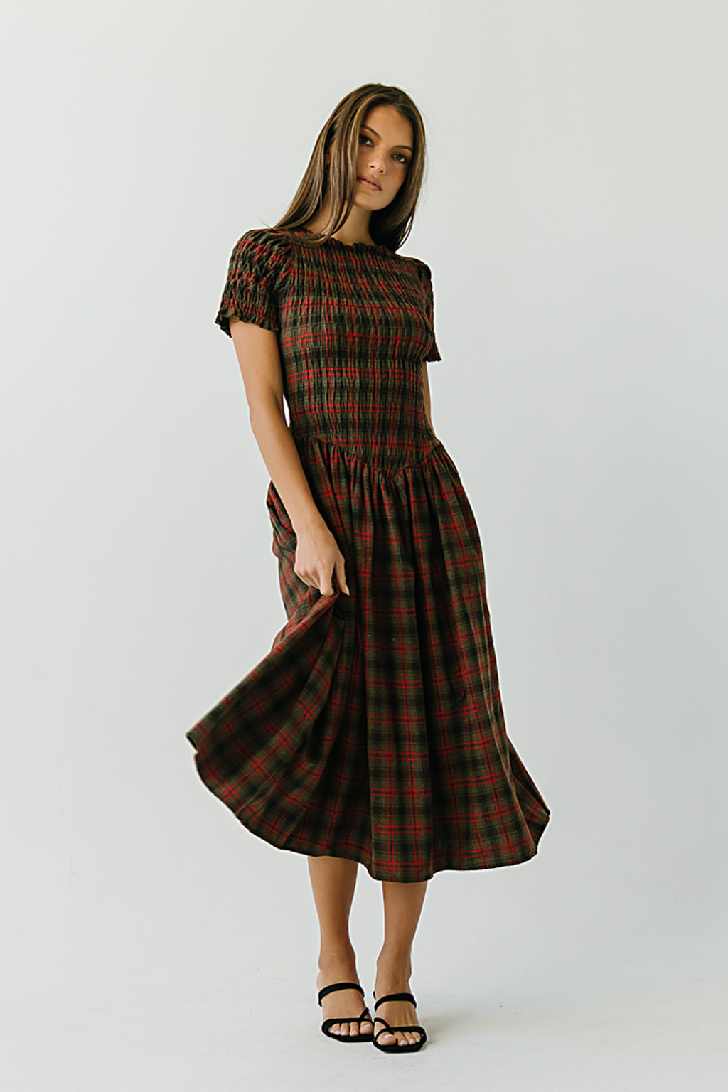 Brynn Plaid Midi Dress in Brown