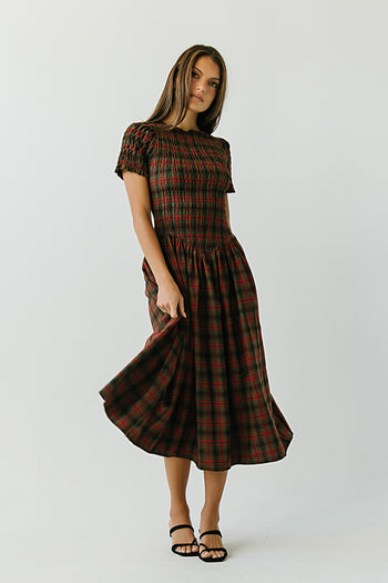 Brynn Plaid Midi Dress in Brown