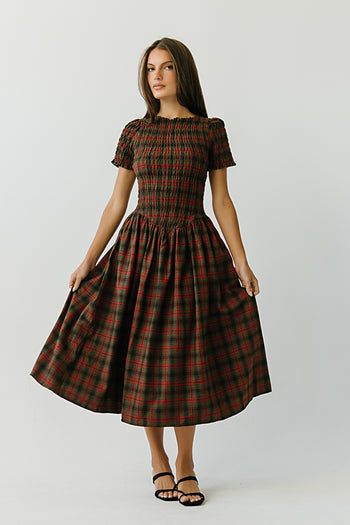 Brynn Plaid Midi Dress in Brown