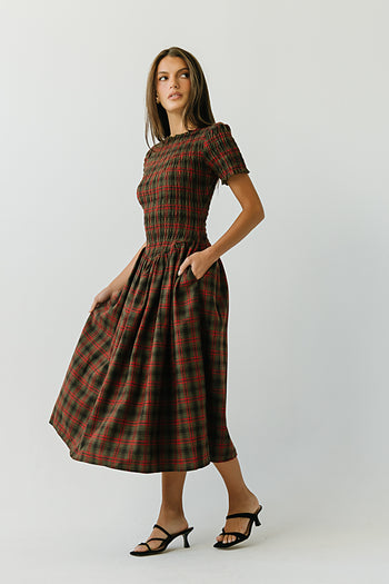 Brynn Plaid Midi Dress in Brown