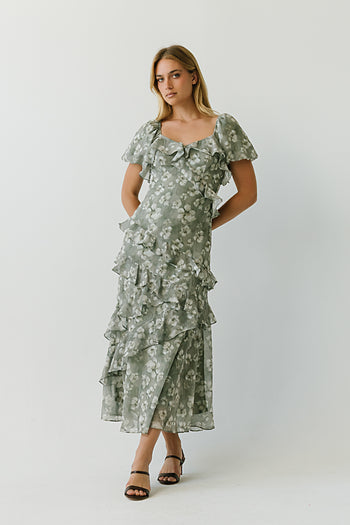 Oakley Ruffle Floral Maxi Dress in Sage