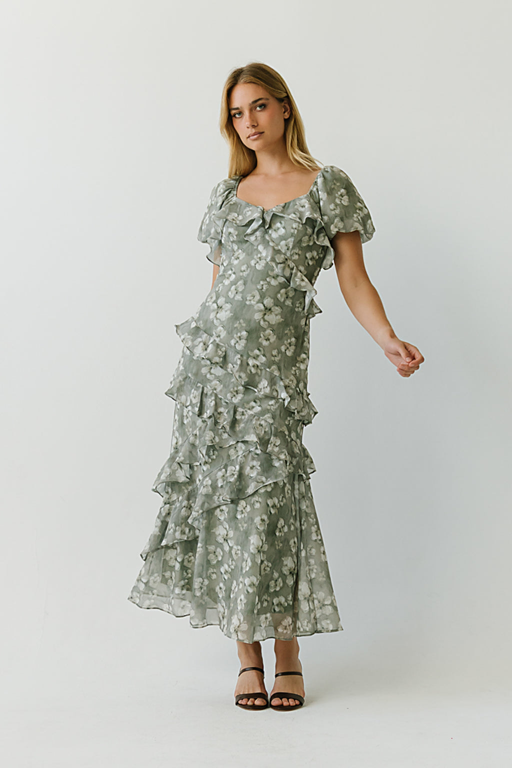 Oakley Ruffle Floral Maxi Dress in Sage
