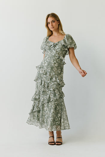 Oakley Ruffle Floral Maxi Dress in Sage