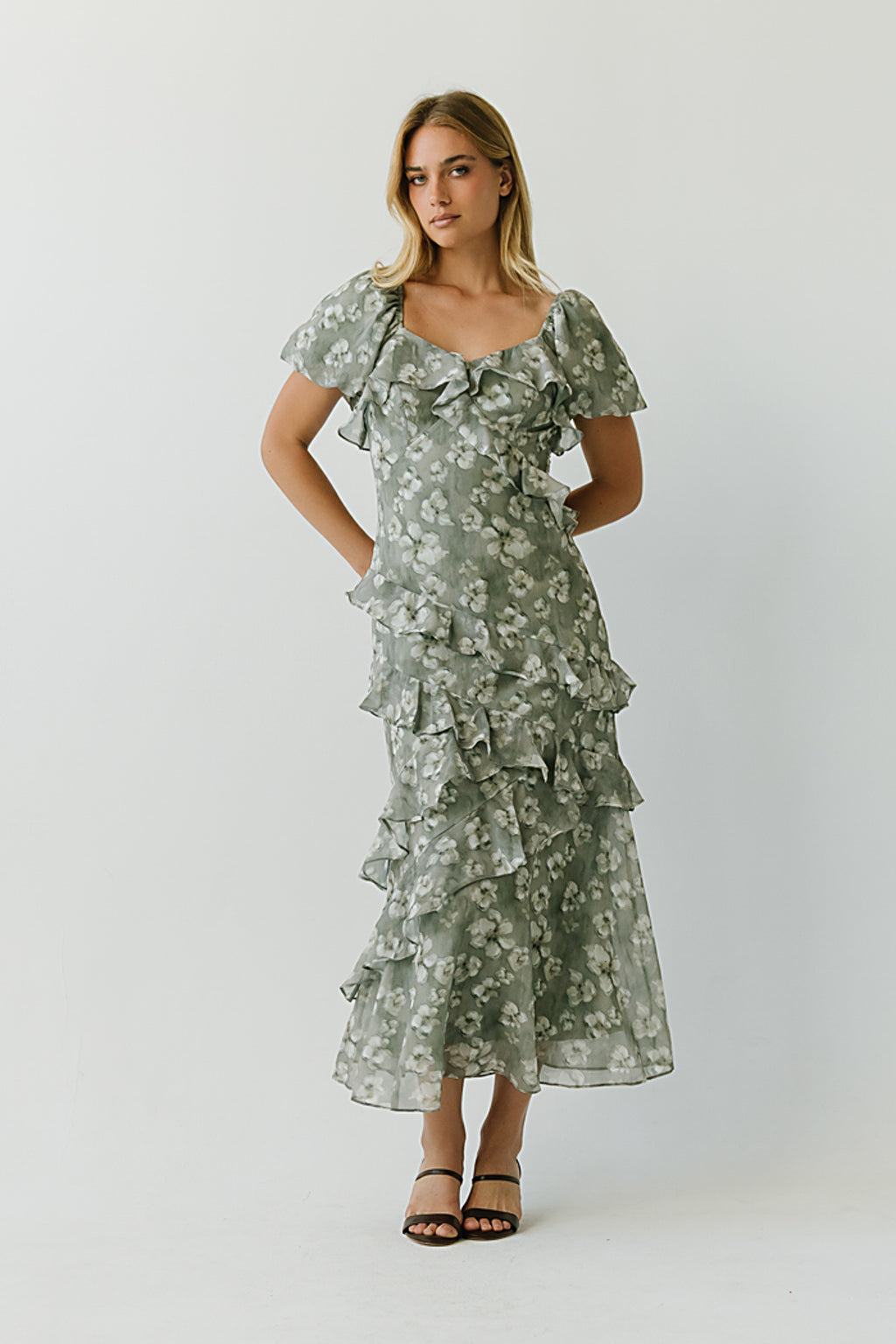 Oakley Ruffle Floral Maxi Dress in Sage