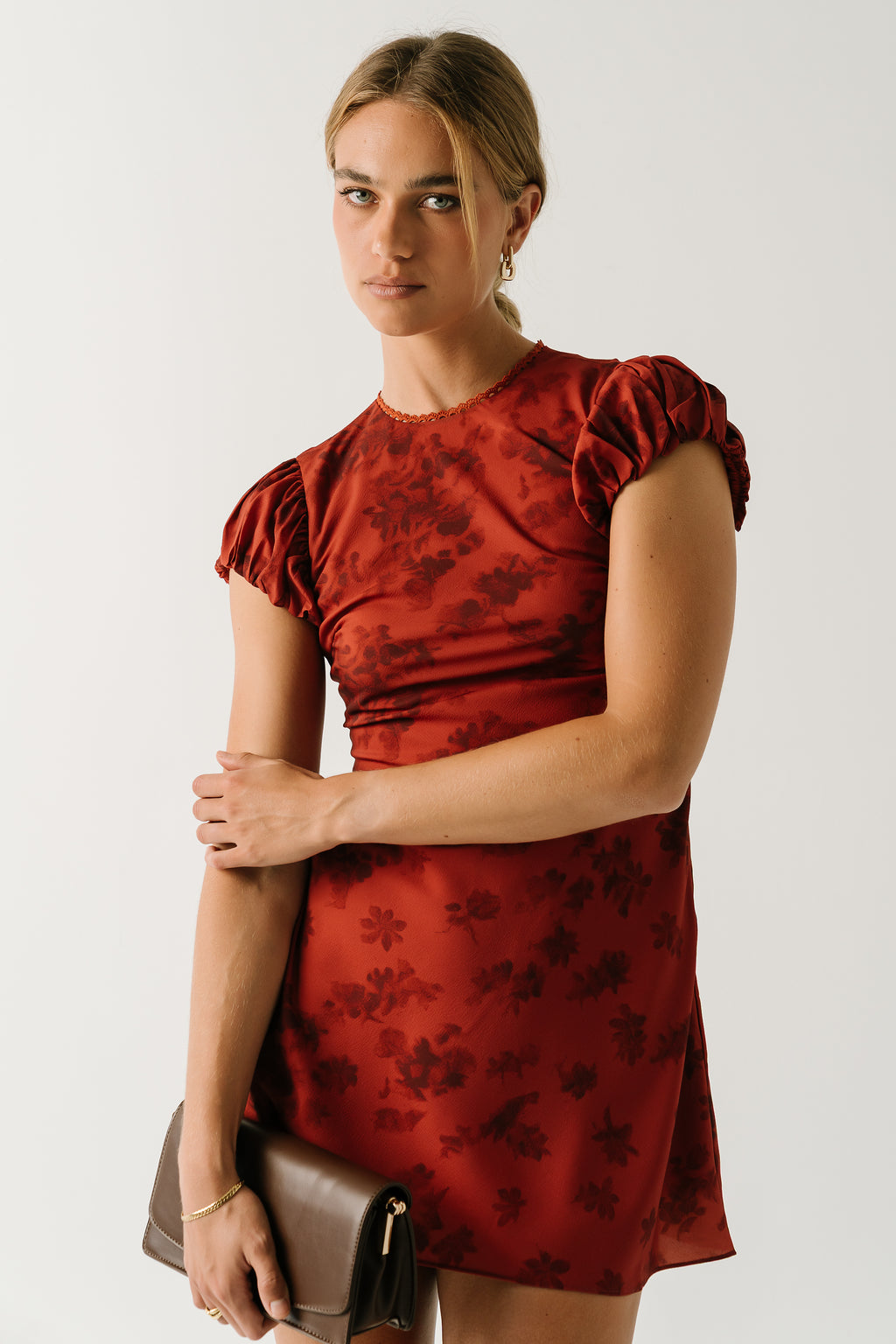 Arianna Floral Mini Dress in Brick