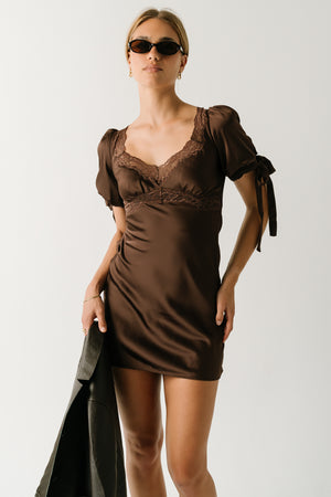 Amanda Lace Trim Mini Dress in Brown