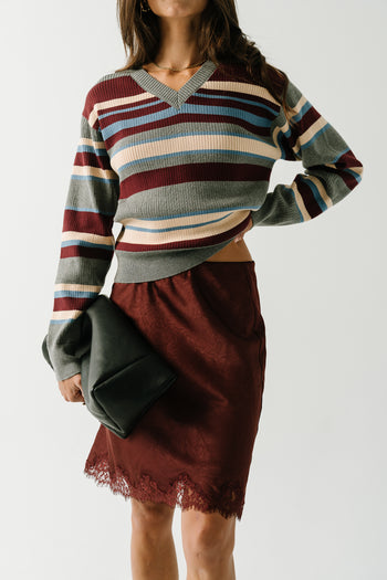 Harper Lace Trim Mini Skirt in Red-Brown