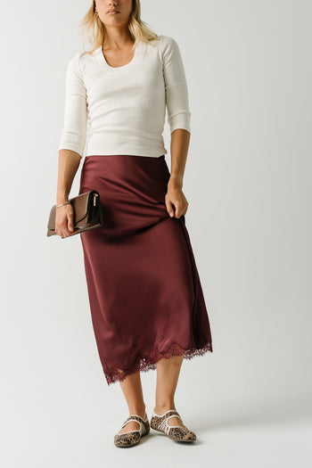 Tory Satin Lace Maxi Skirt in Plum