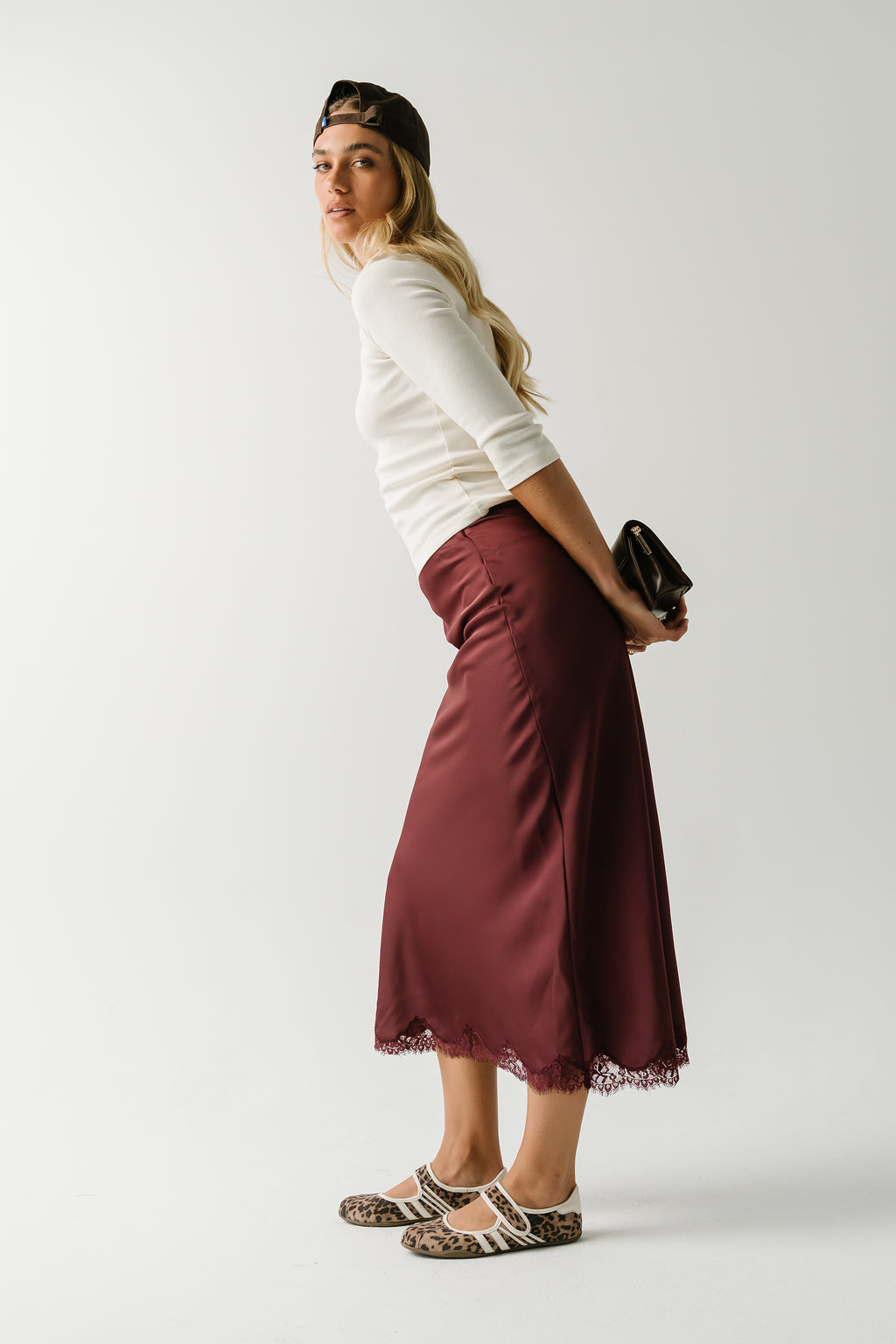 Tory Satin Lace Maxi Skirt in Plum