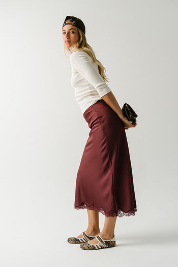 Tory Satin Lace Maxi Skirt in Plum