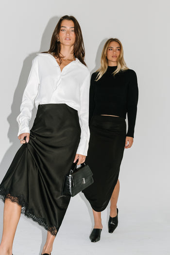 Tory Satin Lace Maxi Skirt in Black