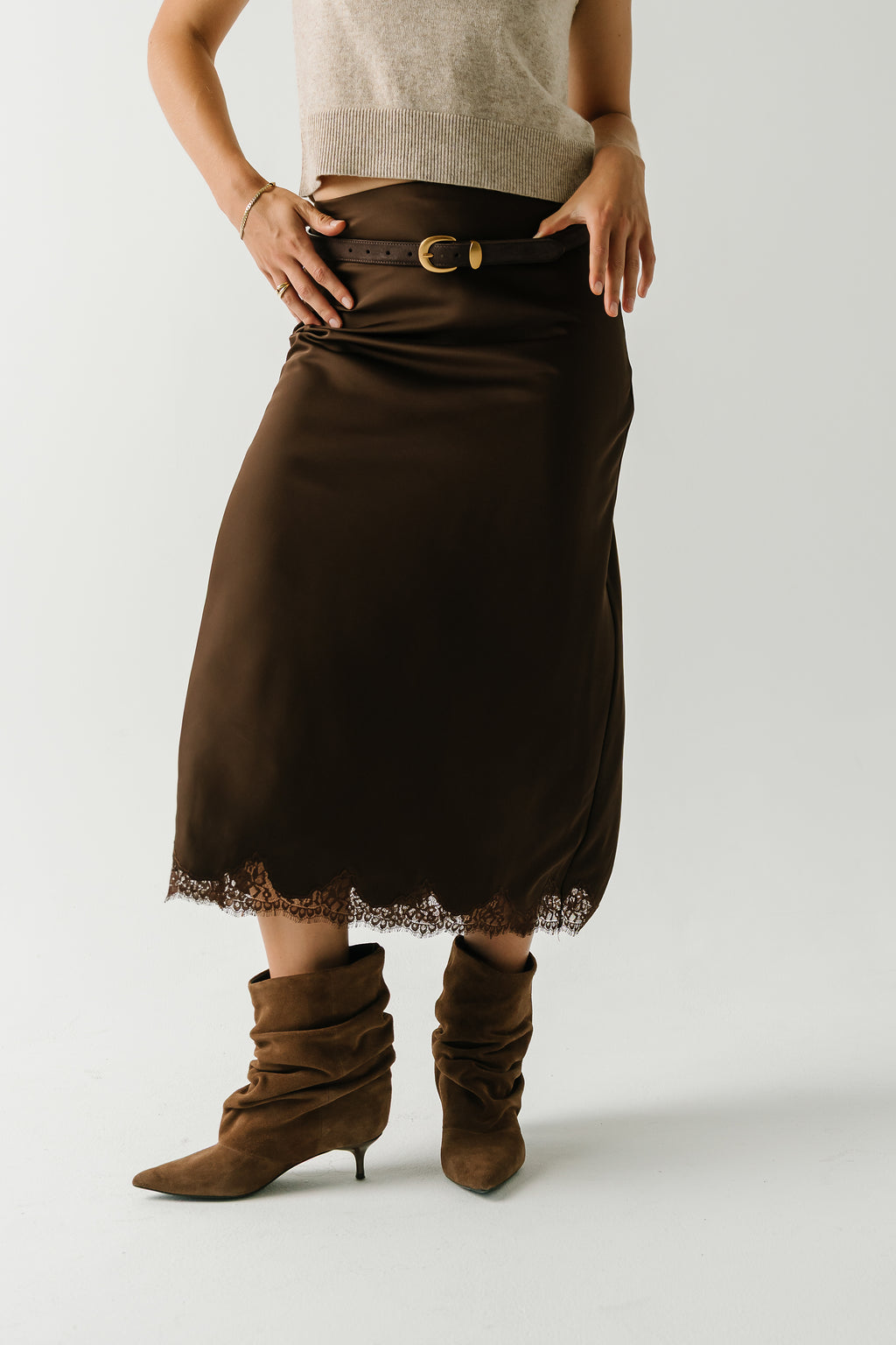 Tory Satin Lace Maxi Skirt in Brown