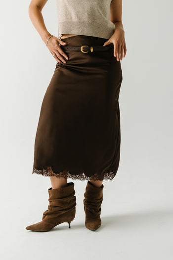 Tory Satin Lace Maxi Skirt in Brown
