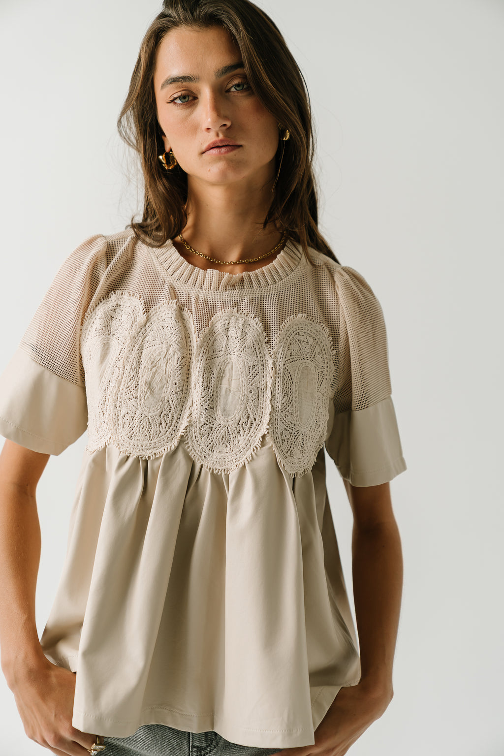 Amaia Crochet Leather Top in Ecru