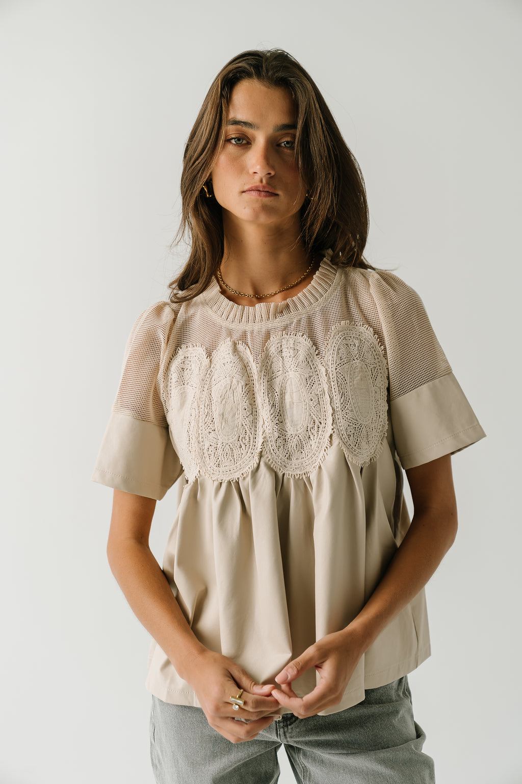 Amaia Crochet Leather Top in Ecru