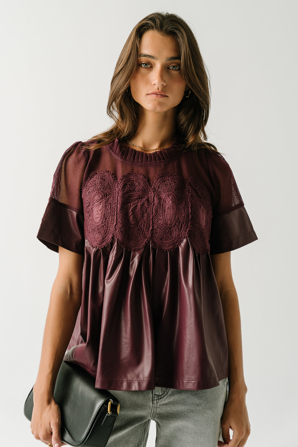 Amaia Crochet Leather Top in Wine