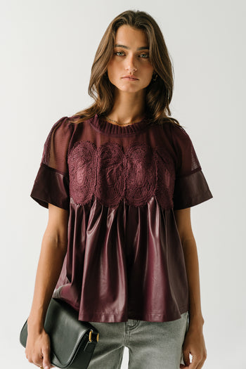 Amaia Crochet Leather Top in Wine