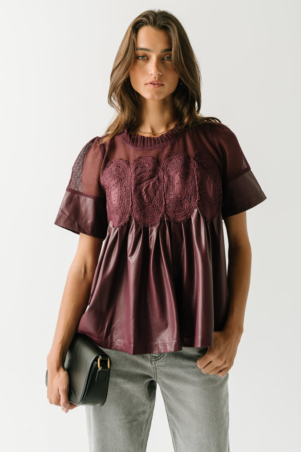 Amaia Crochet Leather Top in Wine