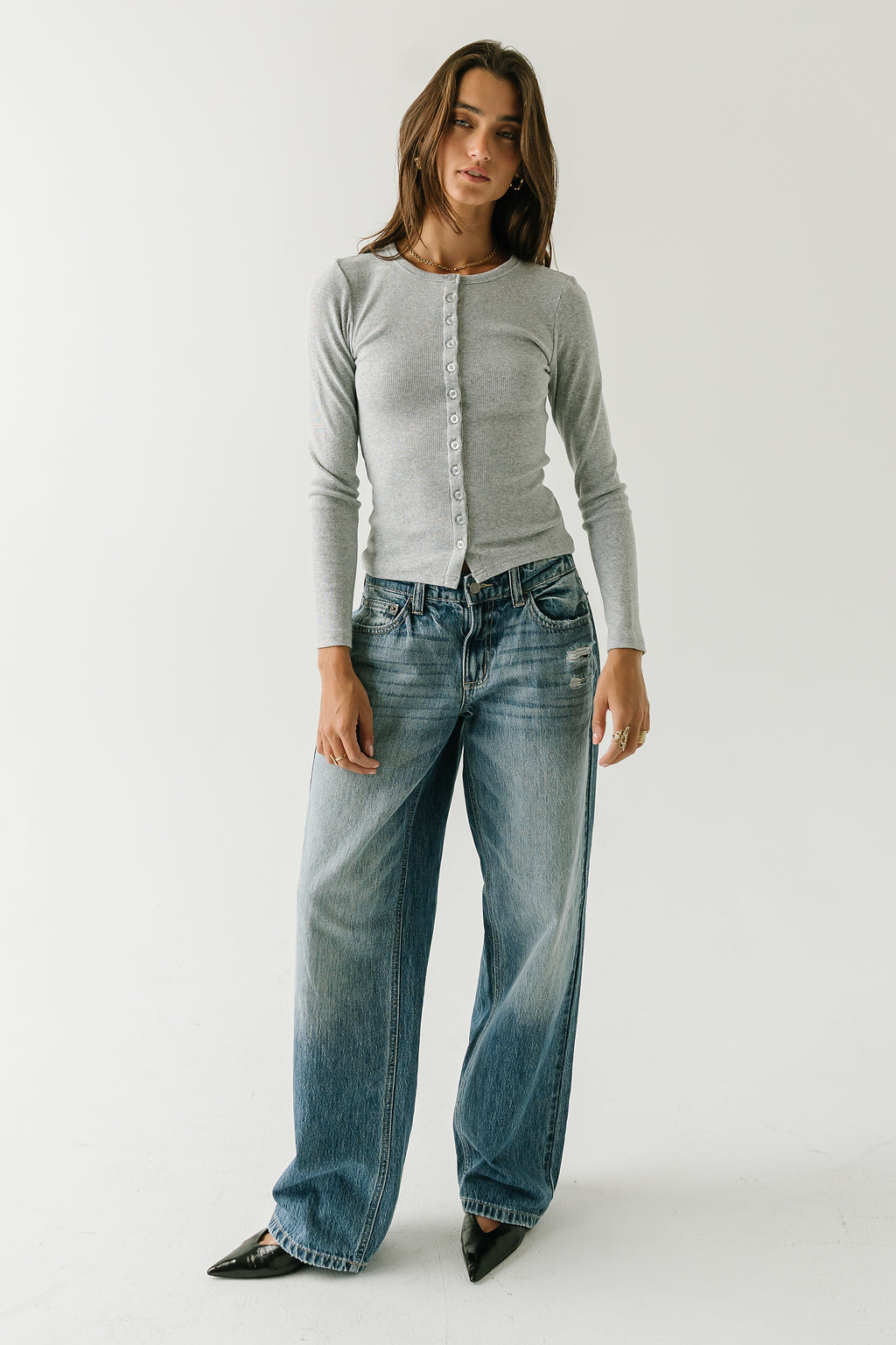 Mia Button Up Top in Grey