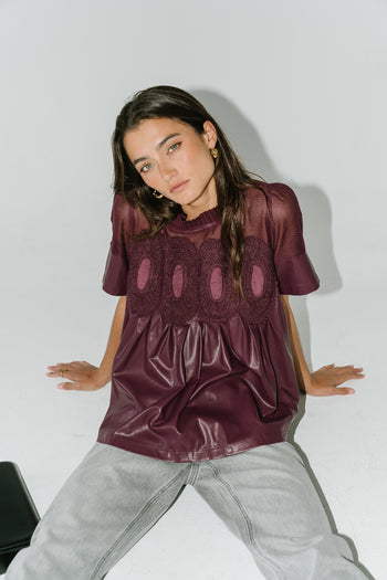 Amaia Crochet Leather Top in Wine