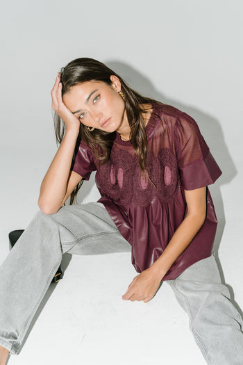 Amaia Crochet Leather Top in Wine