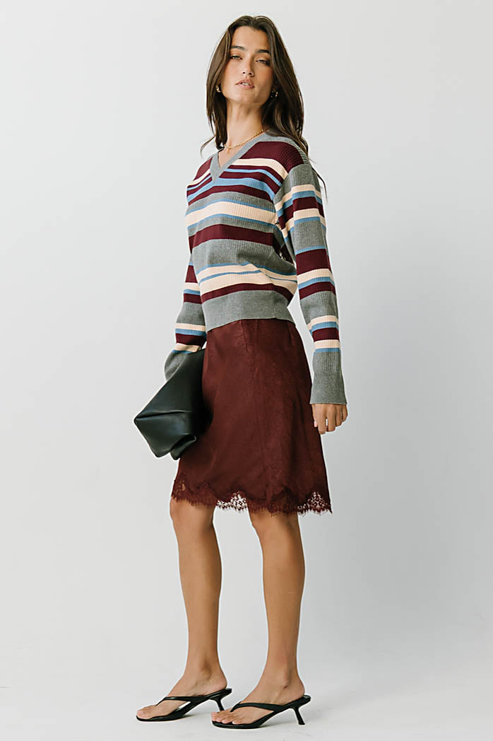 Harper Lace Trim Mini Skirt in Red-Brown