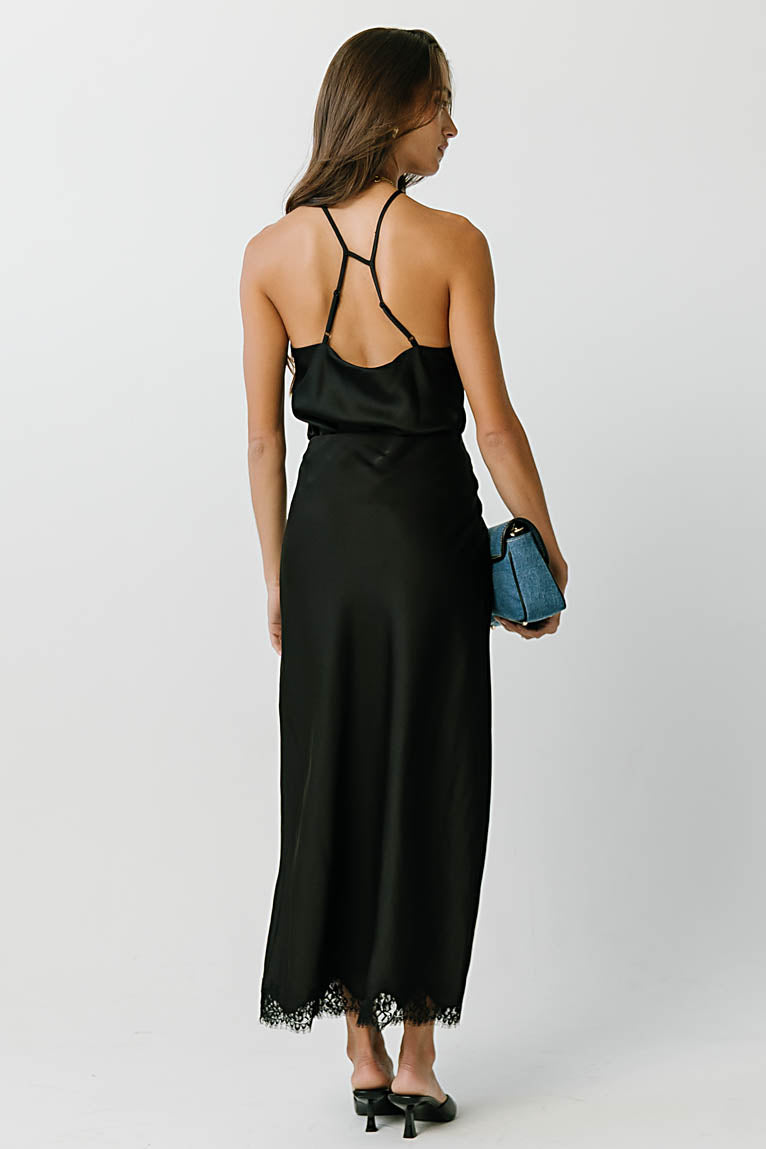 Tory Satin Lace Maxi Skirt in Black