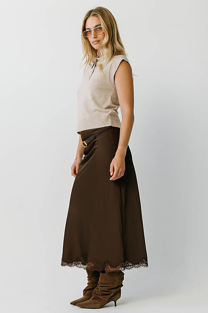Tory Satin Lace Maxi Skirt in Brown